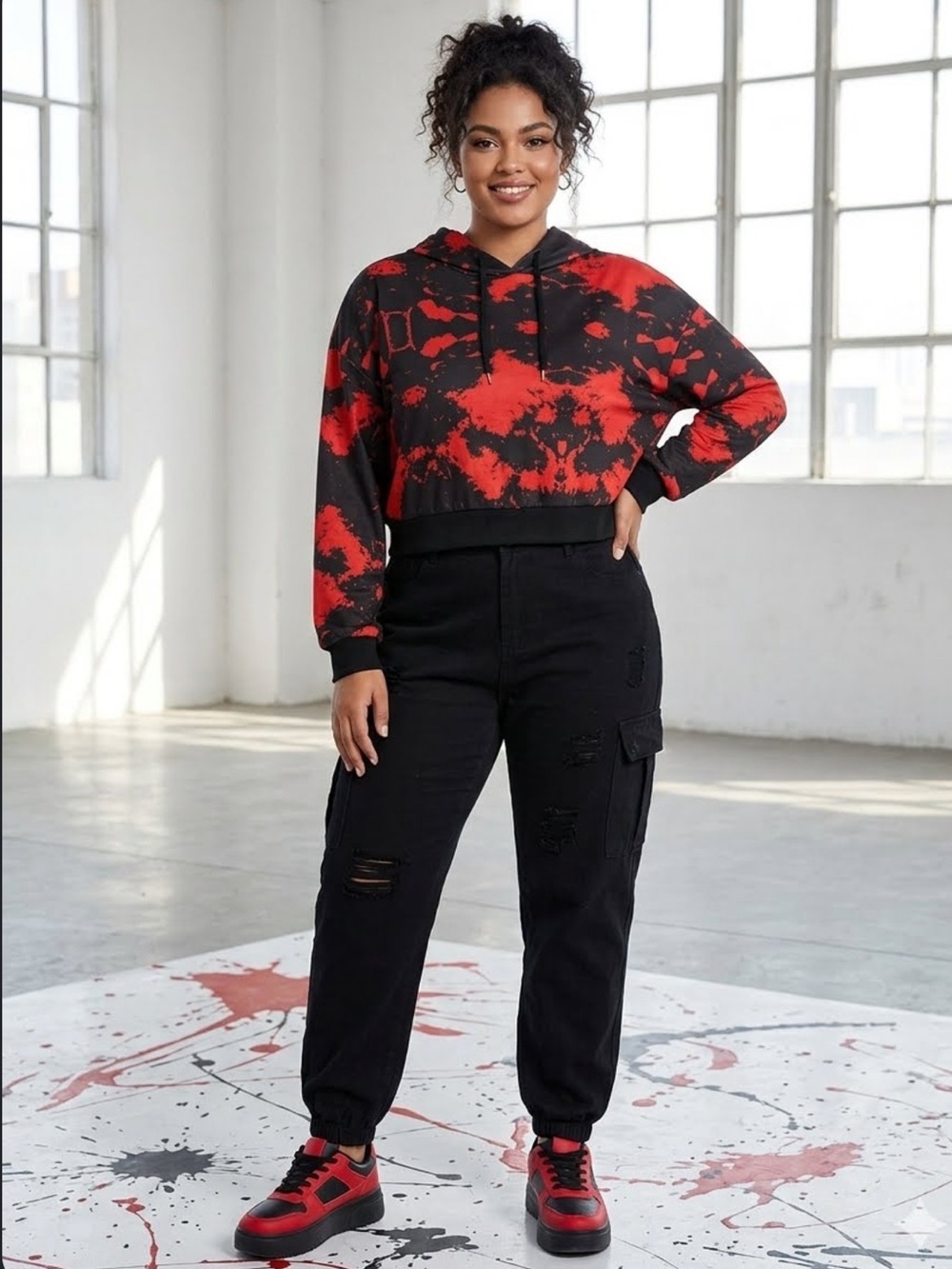 SHEIN Curve Red and Black Splatter Hoodie